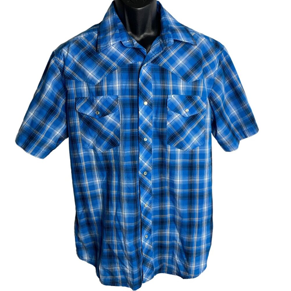 Wrangler Western Pearl Snap Shirt L Blue Plaid Short Sleeves Pocket One Point